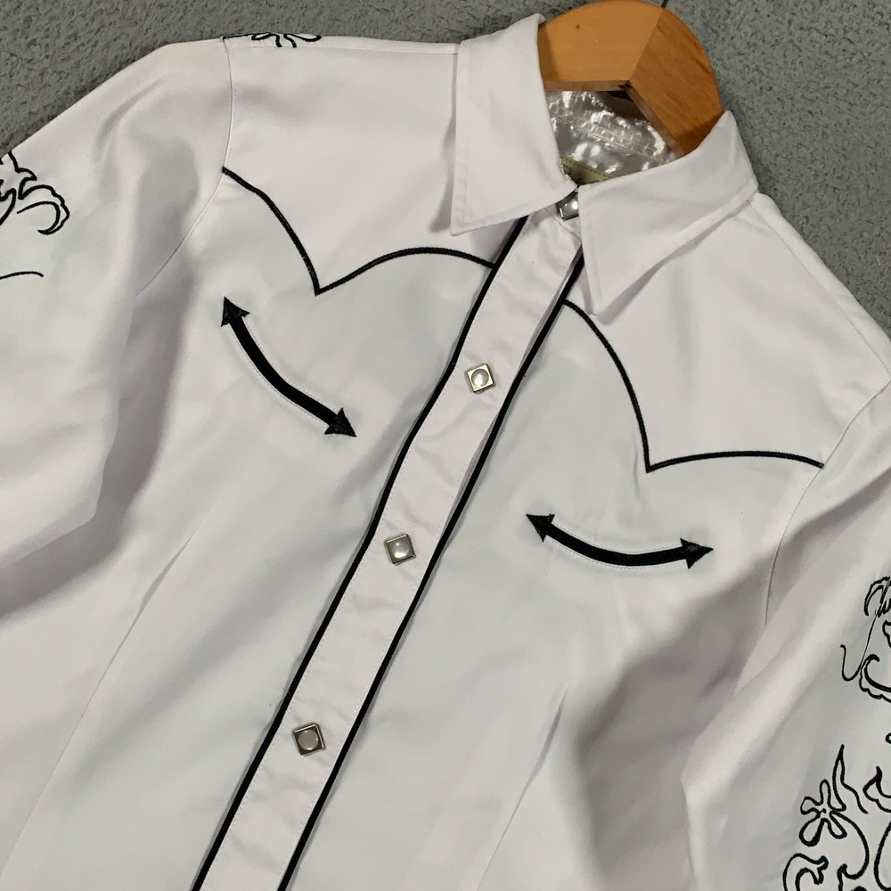 Roper Embroidered Western Shirt Women Small White Pearl Snap Floral Long Sleeve